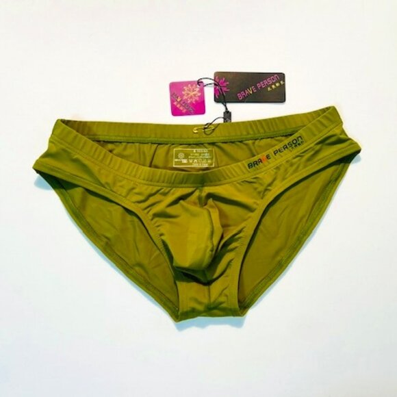 Brave Person  Men's Swim Bikini Brief - Olive Green (BP9791-OL) Contoured Pouch - Picture 4 of 13